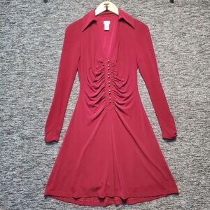 Y2K Cache Dress Women‎ S Burgundy Ruched Button Front Collared Vampy Glam Party
